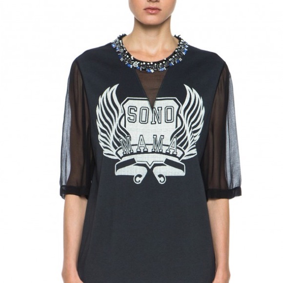 3.1 Phillip Lim Black Graphic Tee with Embellished Neckline - Picture 1 of 8
